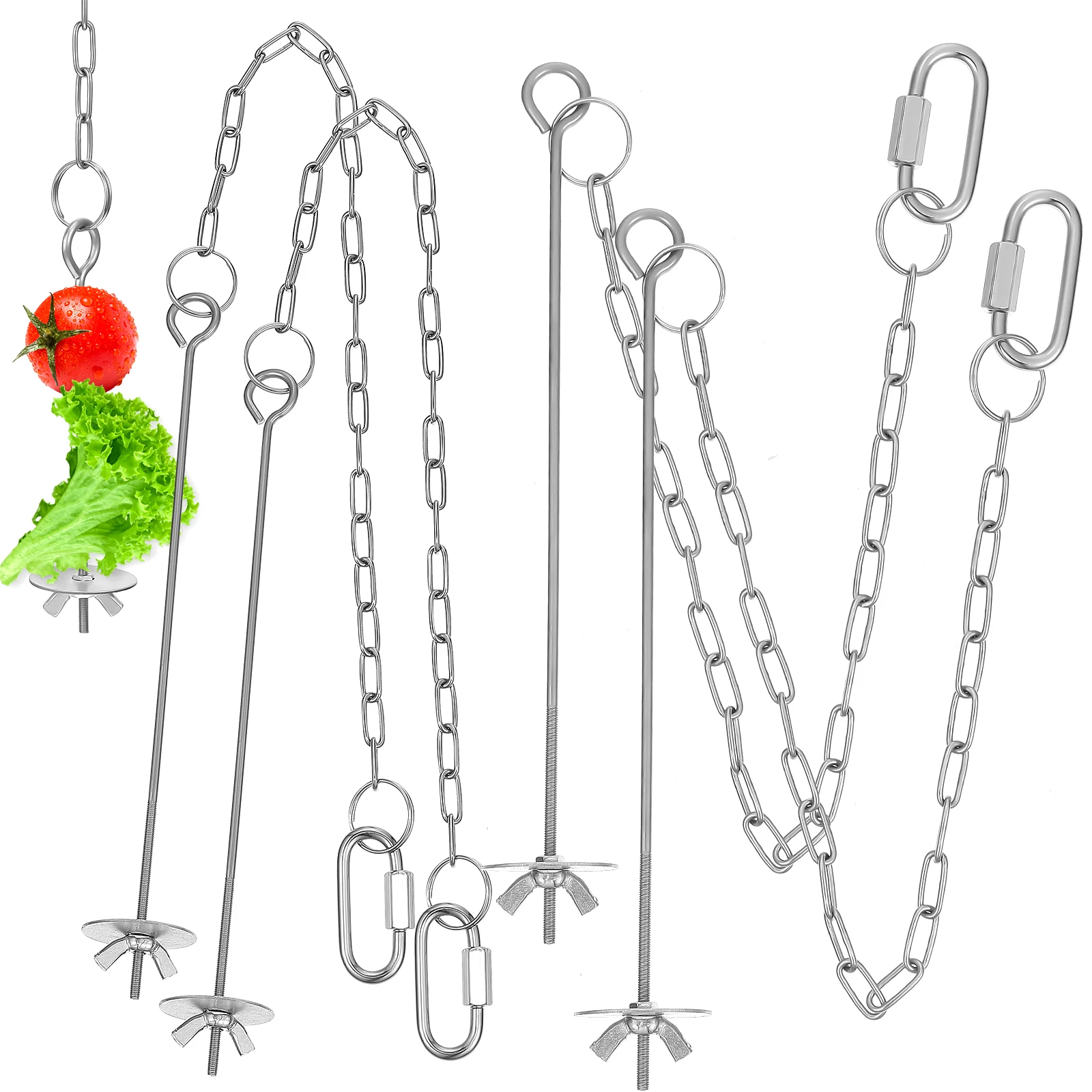 

4pcs Chicken Fruit Holder Veggie Skewer Stainless Steel Hanging Feeder Toy Adjustable Length Tomato Apple Vegetable Storage