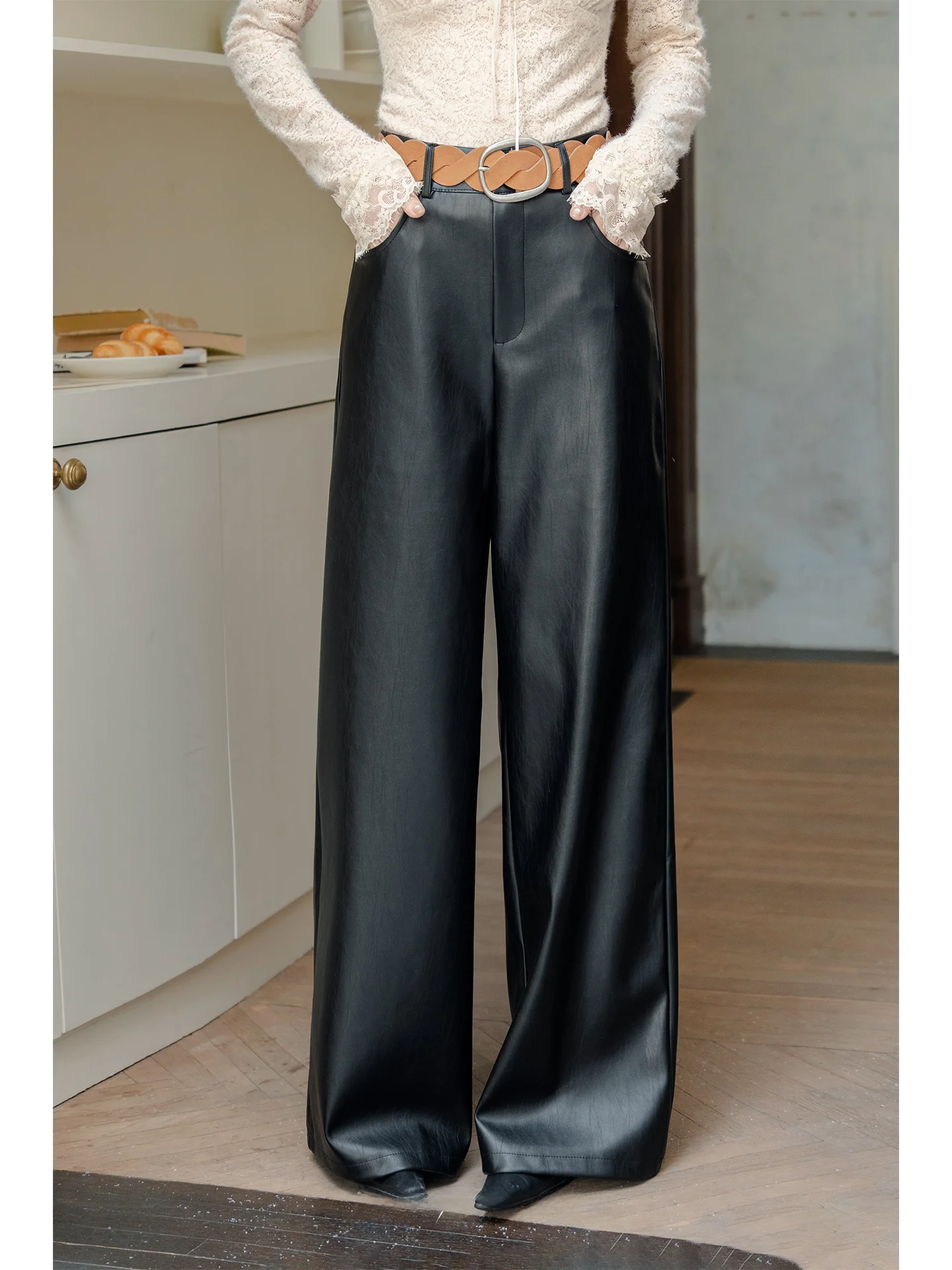 

Женские повседневные брюки с высокой талией и широкими штанинами, осенне-зимние модные брюки из искусственной кожи для офиса и повседневной носки