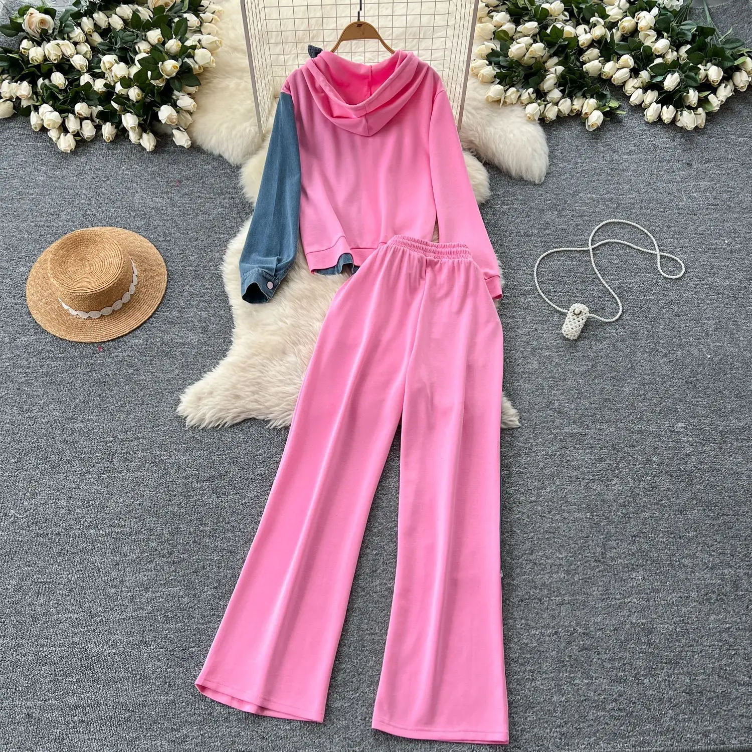 AW Women Pants Suit Hoodie Coat Trousers 2 Piece Sets Denim Patchwork Autumn Outfits Hooded Jacket Washed Streetwear Tracksuit
