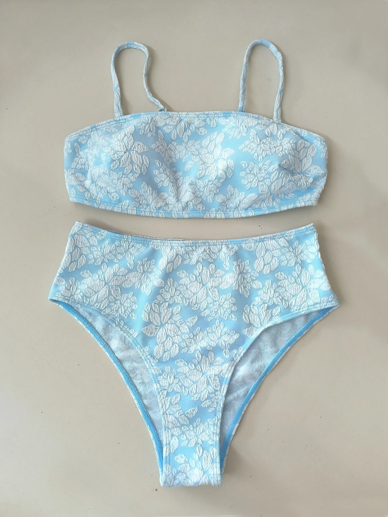 sexy white flower pattern sky blue bandeau bikinis sets two pieces high waist swimsuits bathing suit swimwear biquini tankini