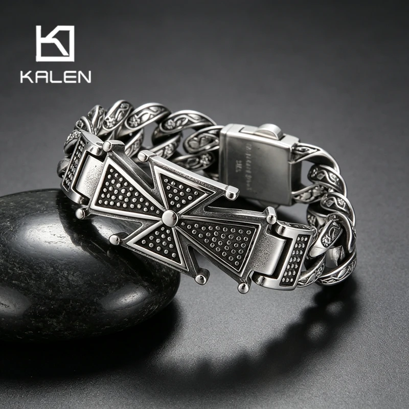 Kalen Vintage Stainless Steel Iron Cross Bracelet for Men Punk Biker Curb Chain Rock Jewelry Heavy Male Hand Accessories