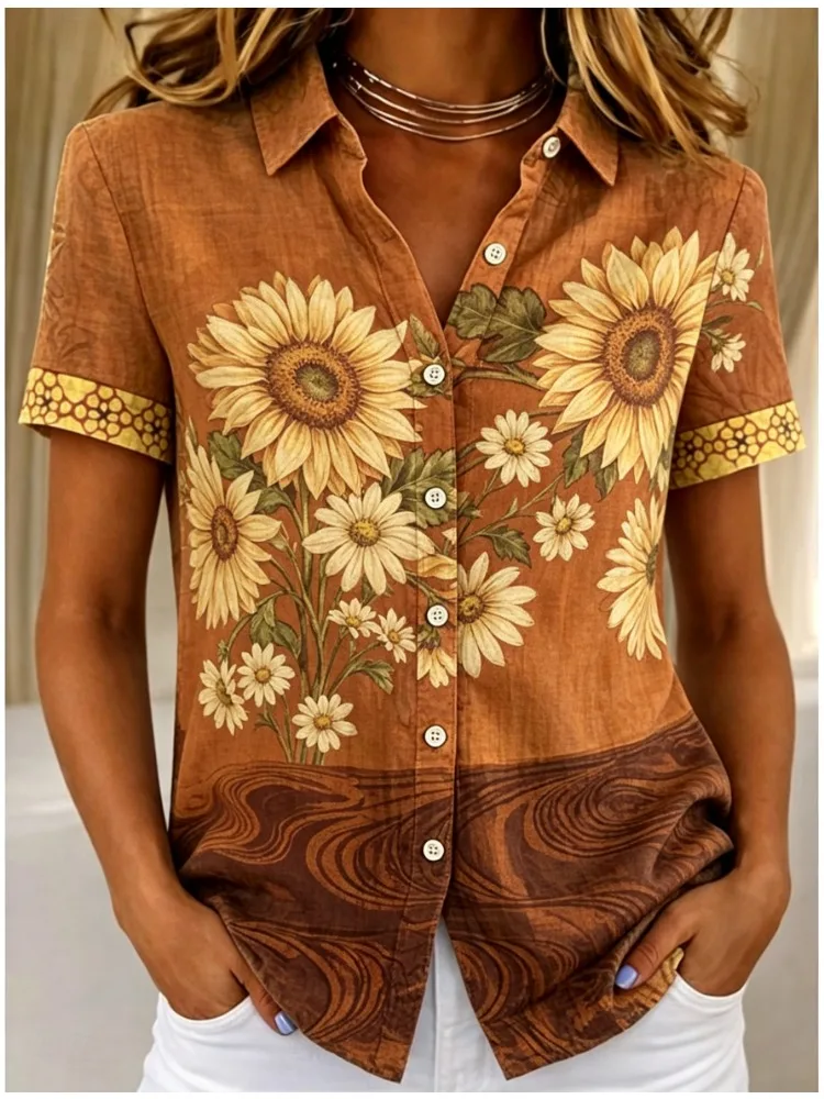 Women's Short Sleeve Peony Print Gradient Button Down Casual Shirt Elegant Daily Blouse Tops in Pink Green for Spring Summer