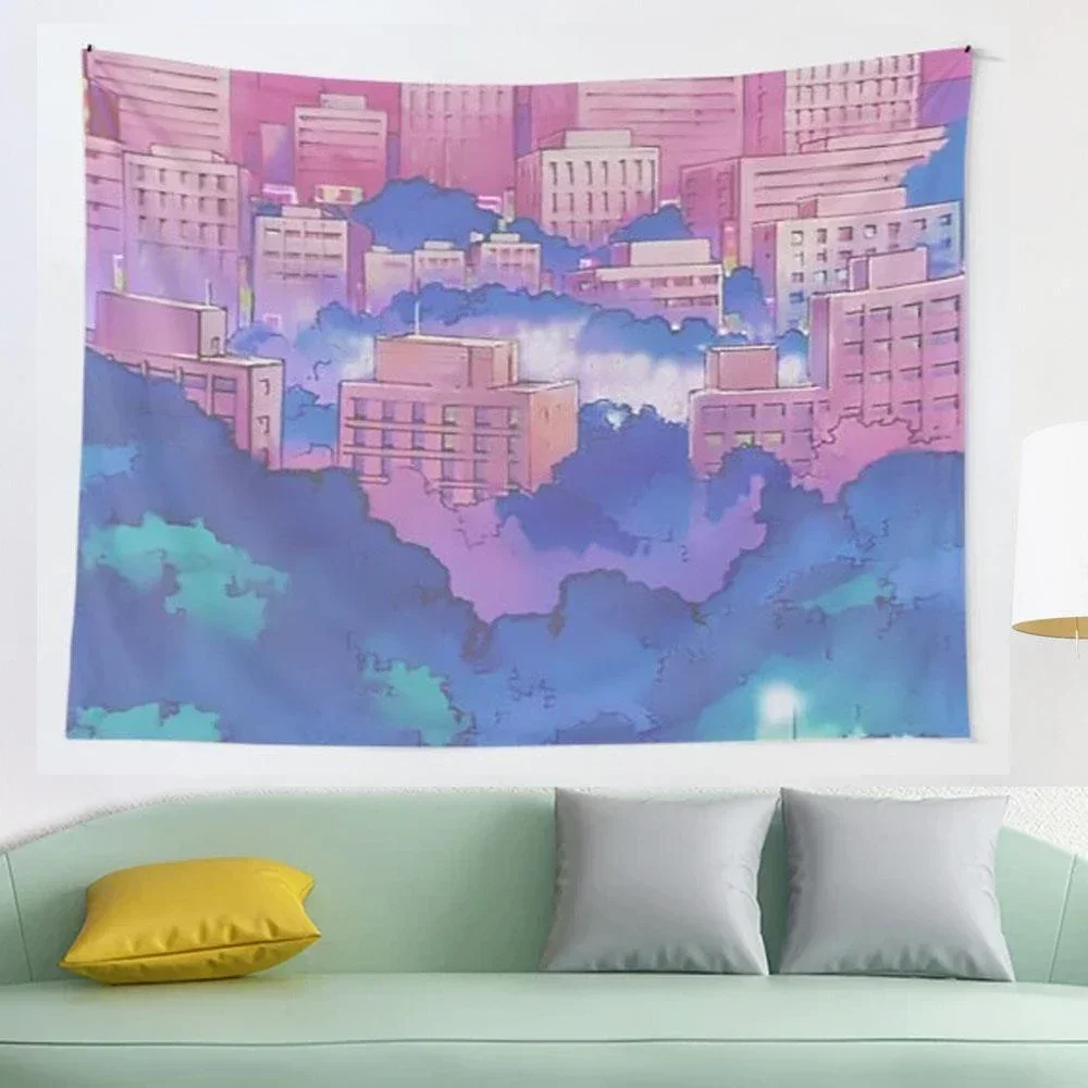 Pink City Dream Landscape Tapestry Mosaic Tarot Cards Hippie Boho Wall Tapestries Mandala Fabric Mat Home Cute Room Decor Tapiz