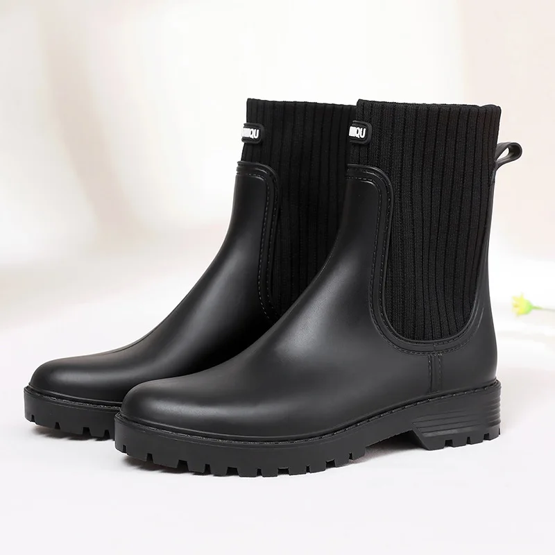 

New Women Fashion Ankle Rain Boots Waterproof Woman Water Shoes Female Non-slip Patchwork Rainboots Wellies Boots