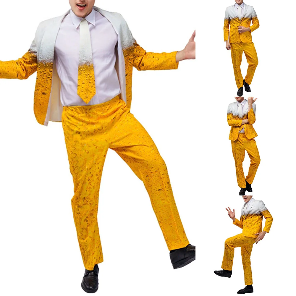 Oktoberfest Suit for Men, Funny Humour Beer Costume Set, Yellow Jacket Pants, Lapel Neckline, Casual Style, Slight Stretch