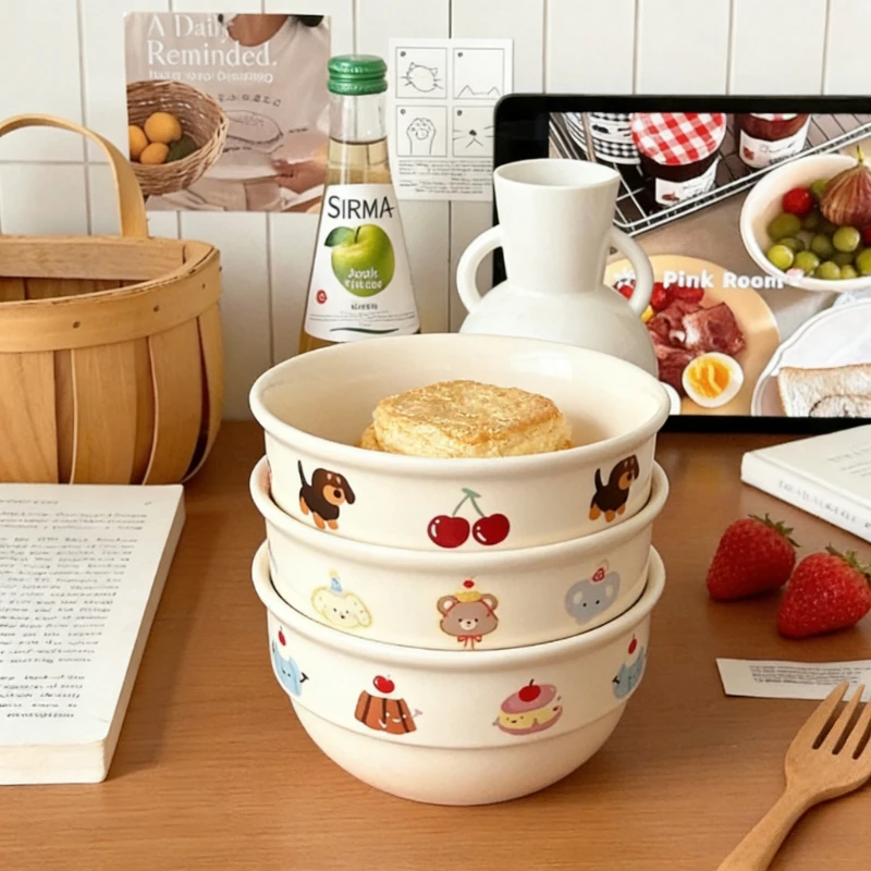 New Creamy Matte Cartoon Ceramic Noodle Bowl Household Girlish Heart Soup Porridge Breakfast Yogurt Bowl Rice Bowl for Home Use