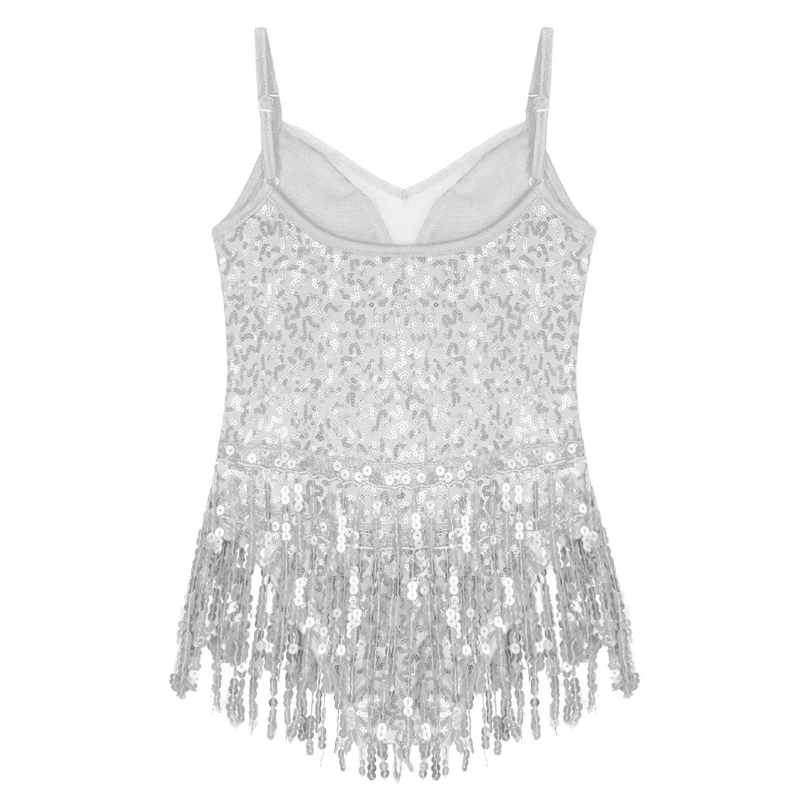 Kids Girls Chacha Latin Dance Costume Fringed Jumpsuit Shiny Tango Dancing Leotard Sequins Tassel Bodysuit Performance Dancewear