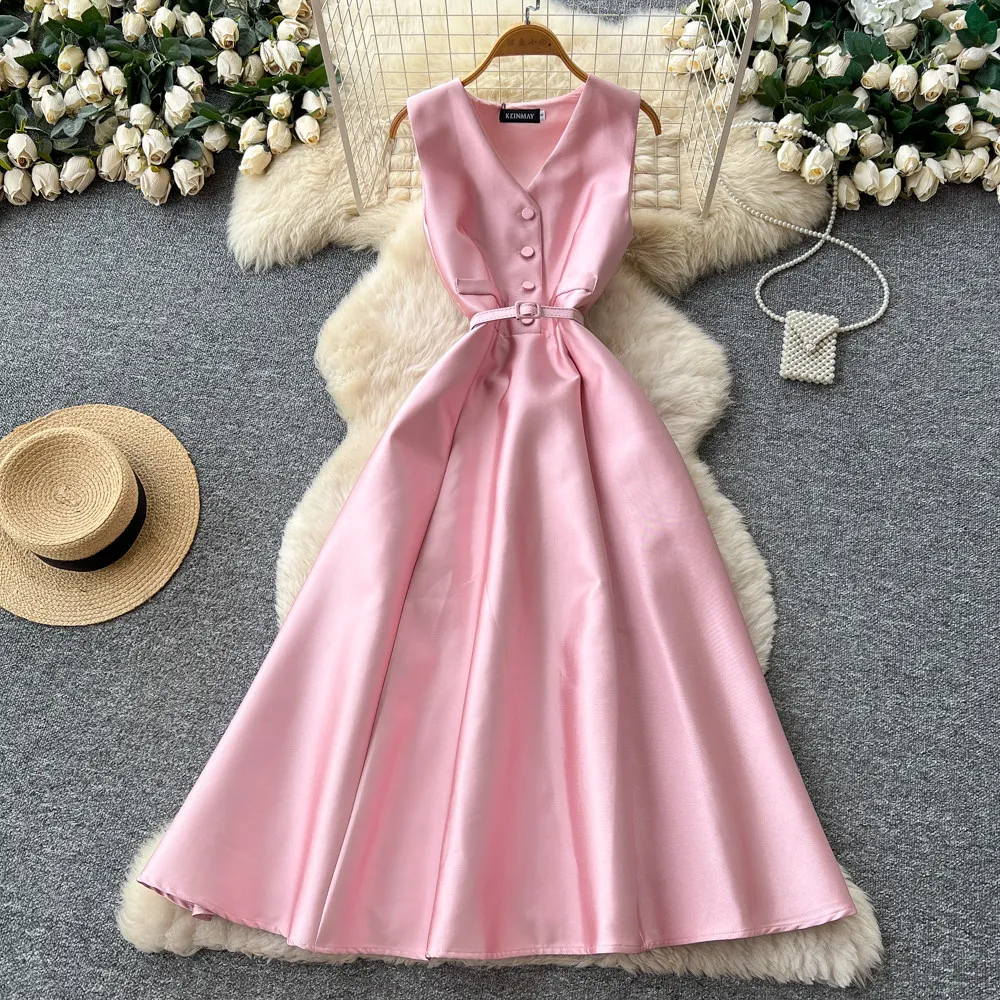 

Women Long Dress Gown Dresses A Line Vestidos Y2k Streetwear Elegant Splice Party Night Work V Neck Sleeveless Tight Waist