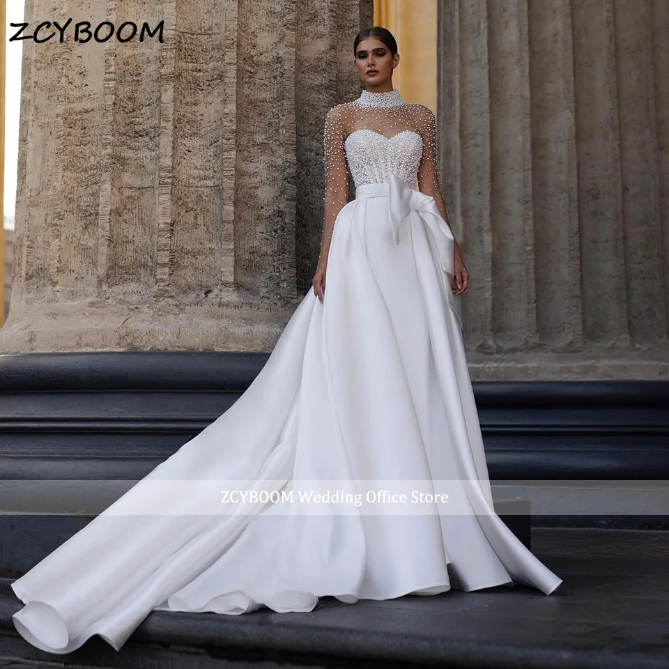 

Luxury Pearls Beading High Neck Satin A-Line Wedding Dresses 2024 Illusion Long Sleeves Bride Gowns For Women Vestido De Noiva