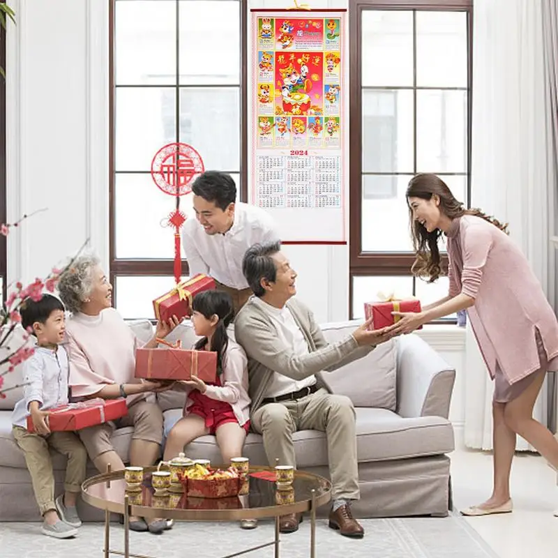 Calendario de desplazamiento de dragón 2024, planificador de animales de dragón tradicional, calendario de 12 meses, Año Nuevo Chino, decoración del hogar