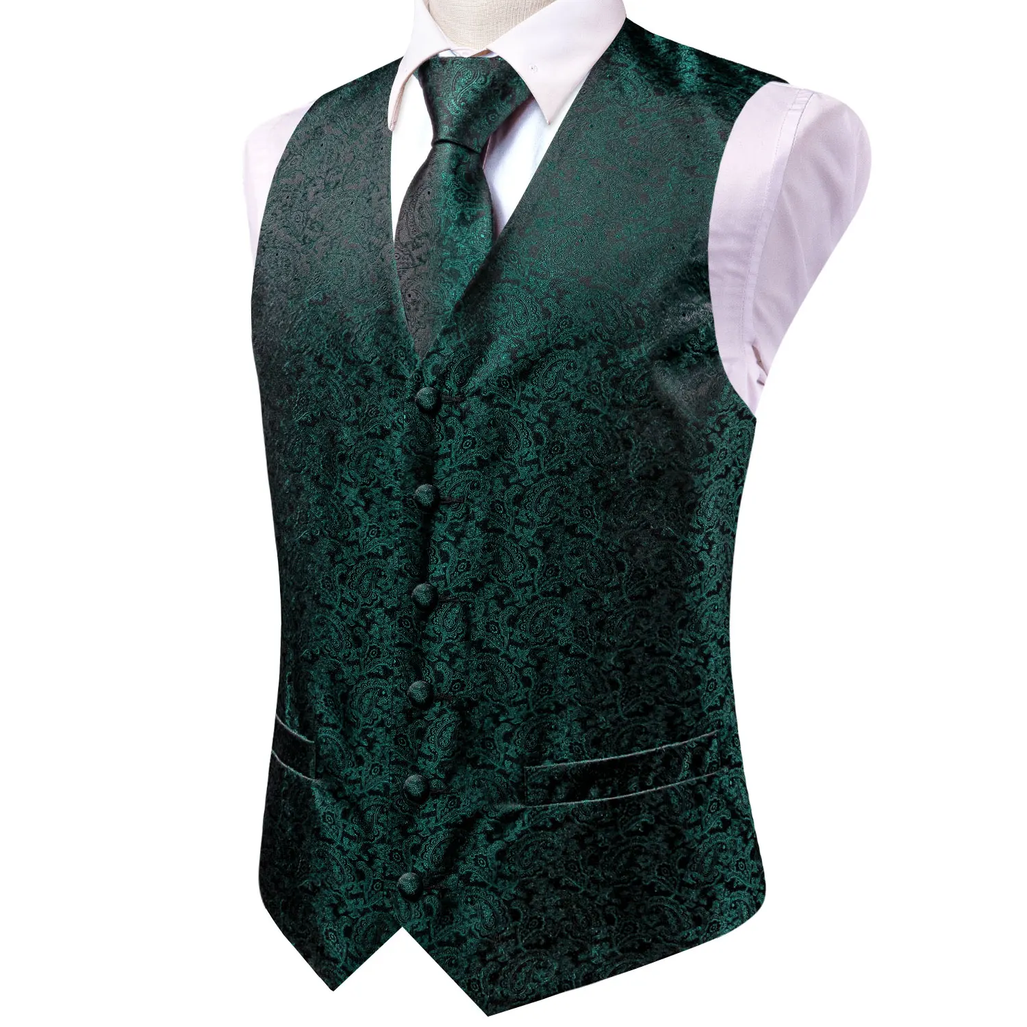 Hi-Tie Dark Green Men\'s Vests Tie Set Silk Paisley Jacquard Waistcoat Jacket Necktie Hanky Cufflinks Wedding Formal Party Gifts