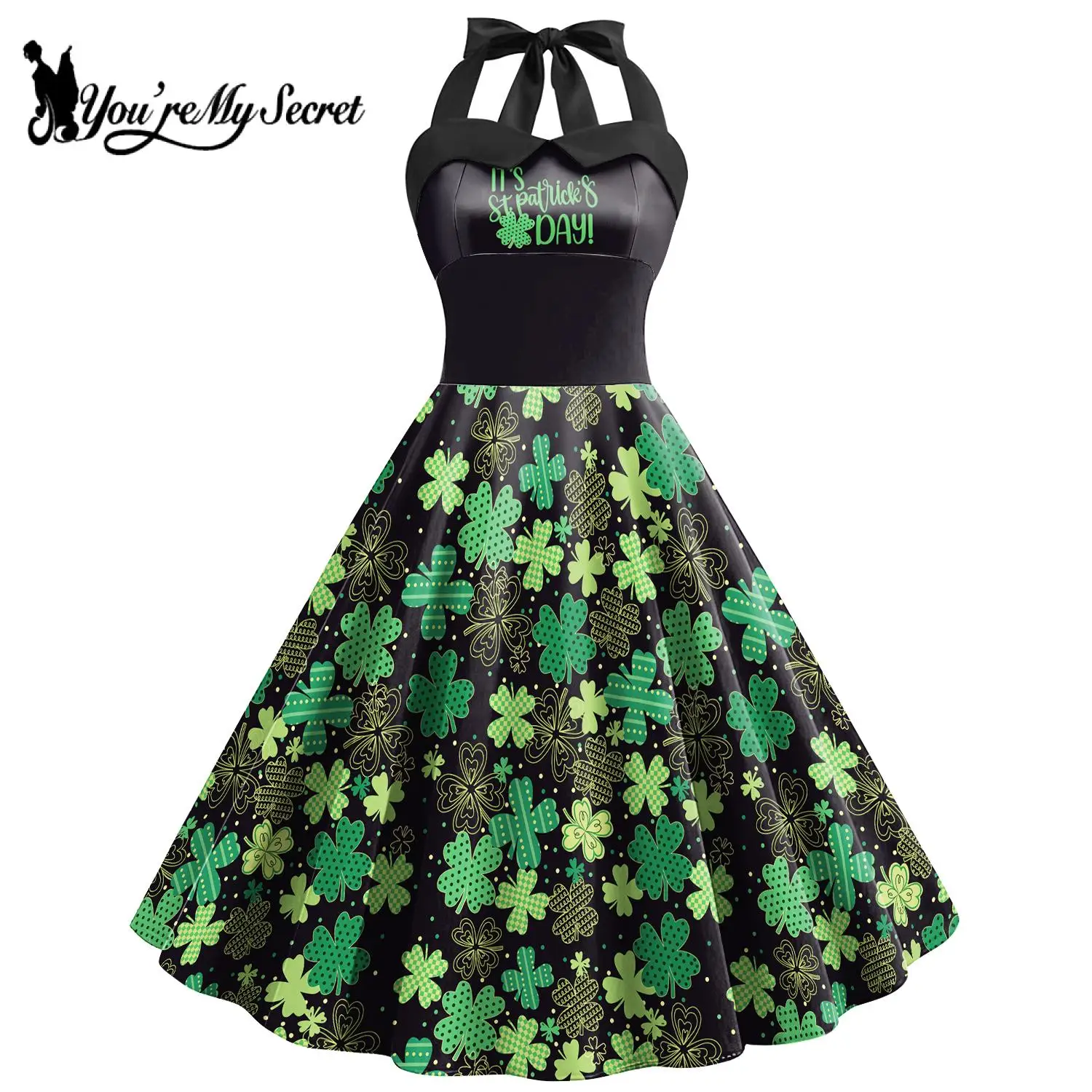 [You're My Secret] Women Dress St. Patricks Day Green Clover Print Dresses Sleeveless Sexy Cosplay Costume Green Holiday Clothes