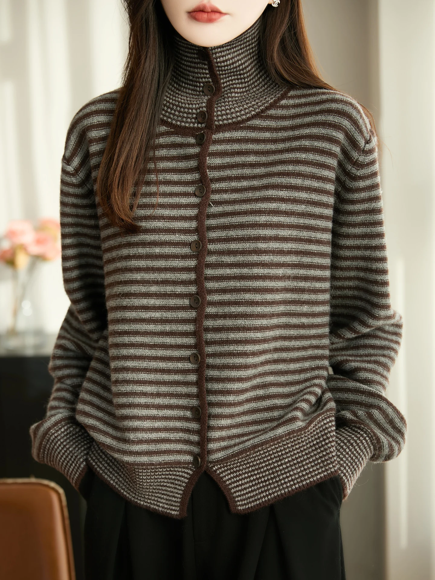 جديد المرأة 30% ميرينو رداء علوي من الصوف فضفاض الخريف الشتاء الإناث محبوك الياقة المدورة سترة سيدة جيرسي ملابس طويلة الأكمام بلايز #1