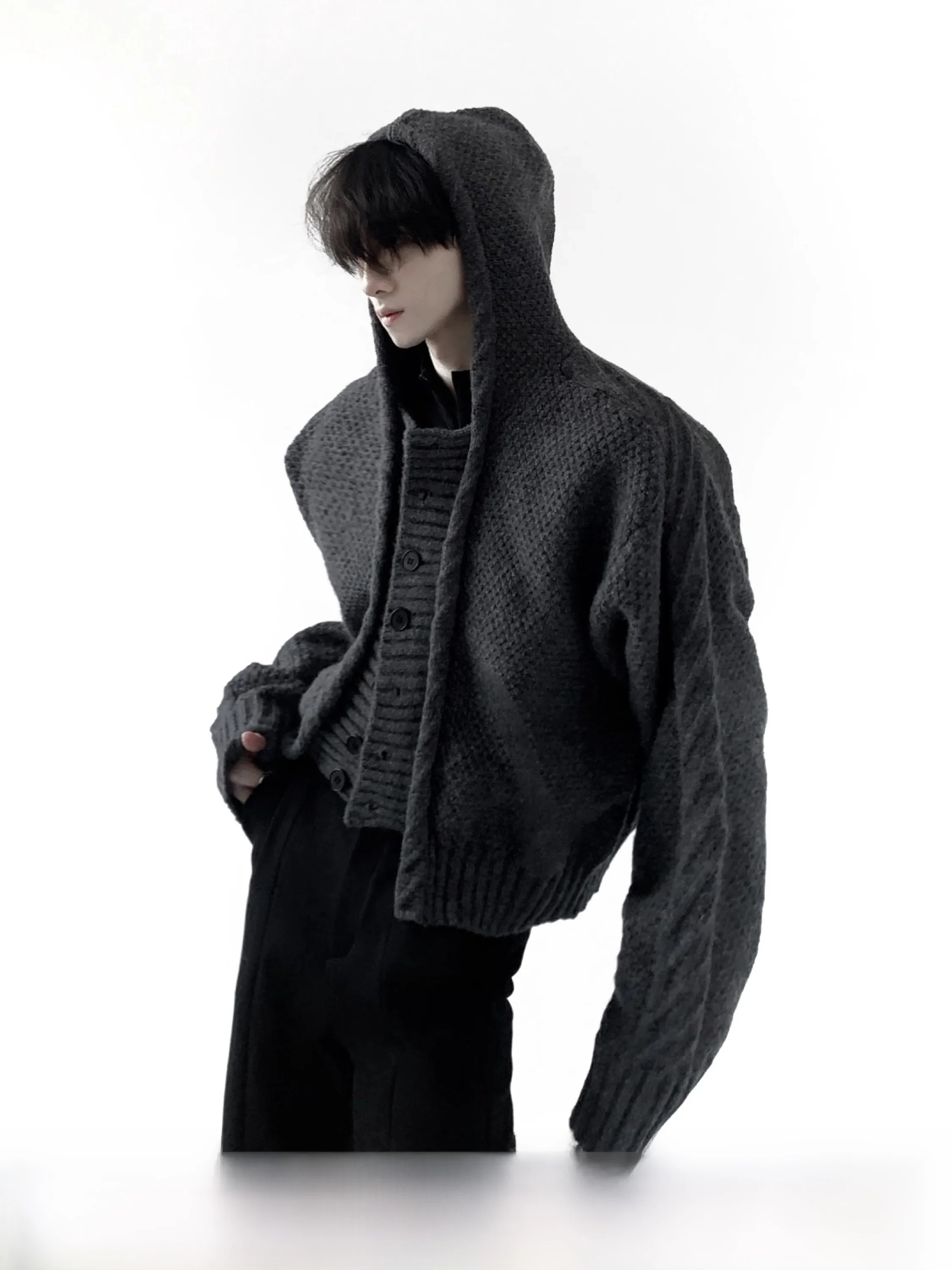 Gray Hooded Knitted Sweater Jacket Men's Casual High-End Design Mixed Fabric Long Sleeve Short Length Breathable Skin-Friendly