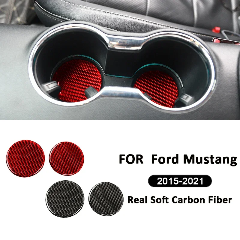 

2PCS Carbon Fiber Car Center Water Cup Holder Coaster Texture Mat Anti-Slip Pad Decoration Sticker For Ford Mustang 2015-2021