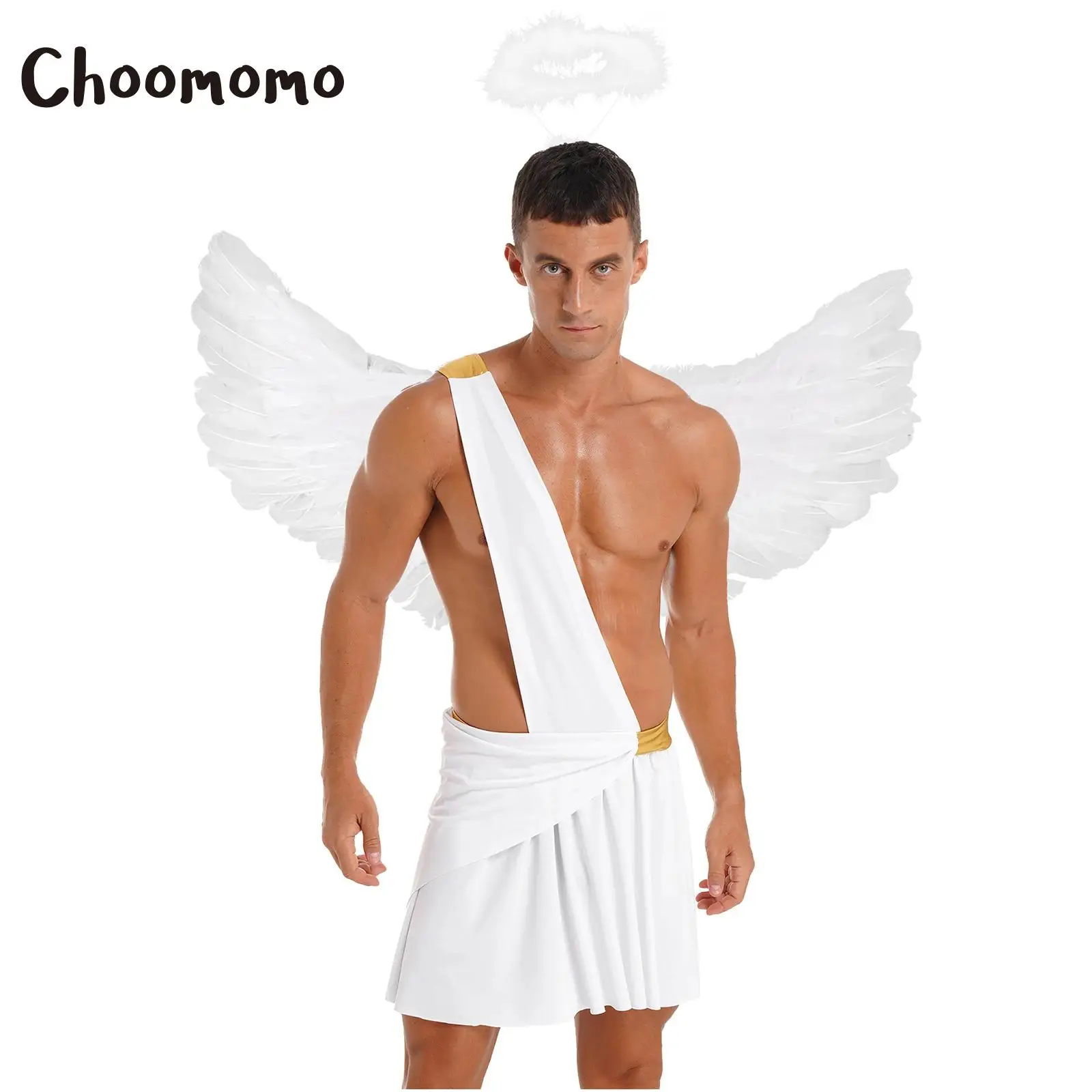 

Men Ancient Greek God Costume One Shoulder Strap Skirt with Feather Angel Wing Hair Hoop Halloween Cosplay Knight Warrior Outf