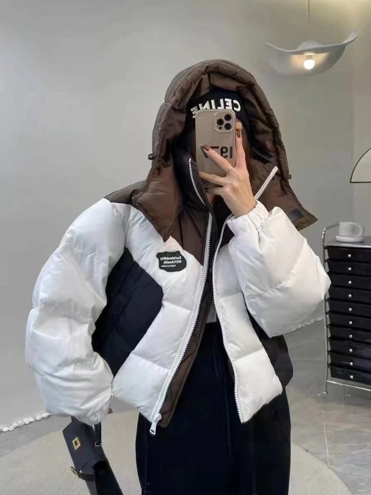New Winter Short Down Jacket Splicing Thickened Personality Warm Fashion Cotton Jacket Hooded Winter Coat Women Jacket Women