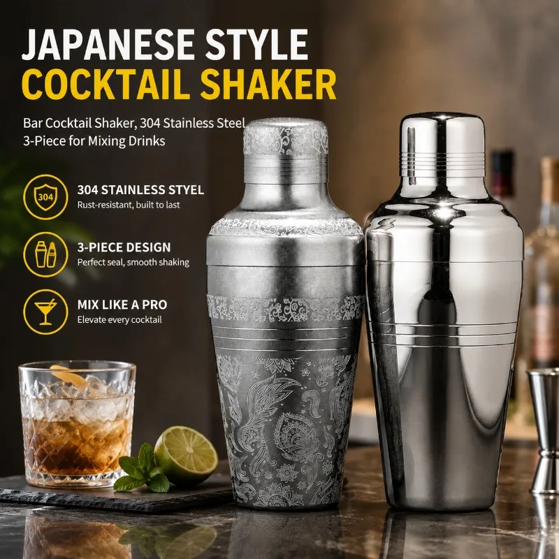 Retro Engraved Stainless Steel Cocktail Shaker 510ml Three Section Drink Mixing Vessel Multiple Color Options Suitable