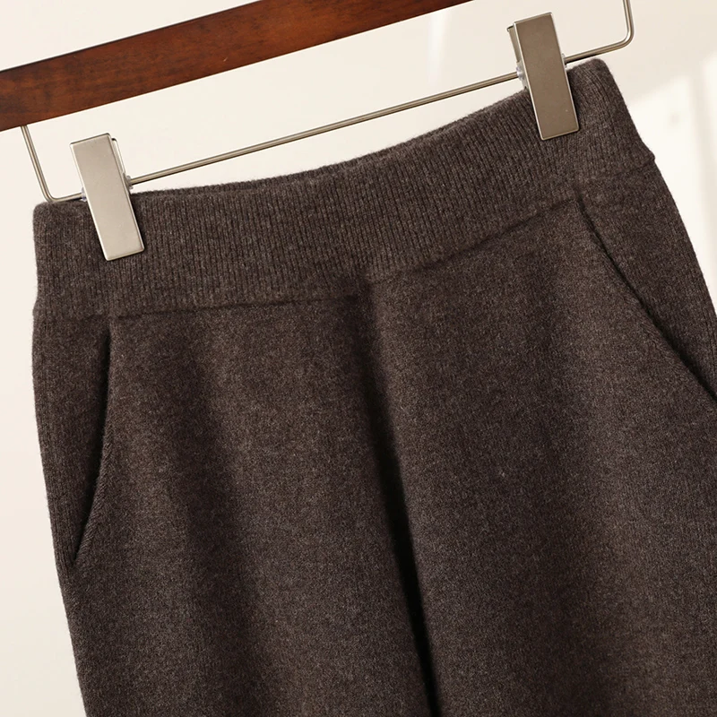 New Women’s Pure Wool Wide Leg Pants Autumn Winter Pockets Elastic Waist Straight leg Trousers 100% Merino Wool Knitting Pants