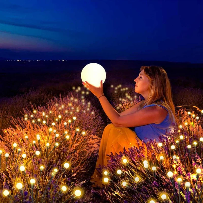 Paquete de 2 luces solares de 12 LED, nuevas luces de camino de luciérnaga mejoradas, balancín por el viento para patio exterior