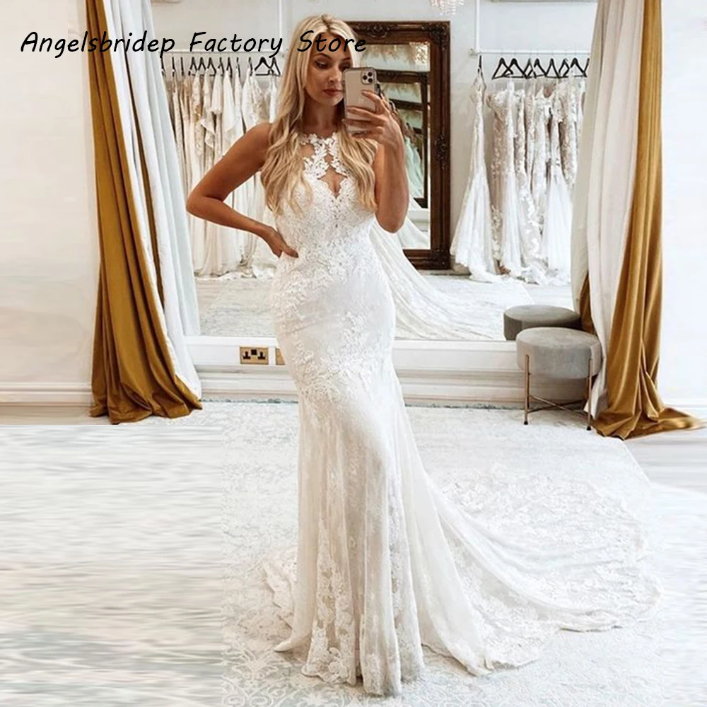 

Angelsbridep Wedding Dresses Appliques Lace Halter Mermaid Tulle Lace-up Boho Bride Gown Vestidos De Novia Train