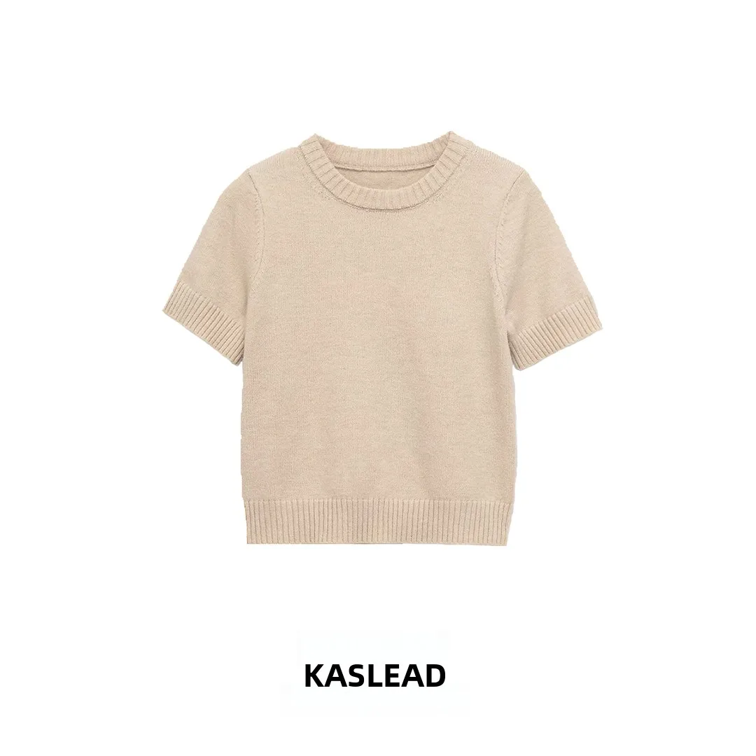 

KASLEAD New Women's Faionable Casual round Ne Knitwear Simple Sli Polyester Fiber ort Sve Overhead Top