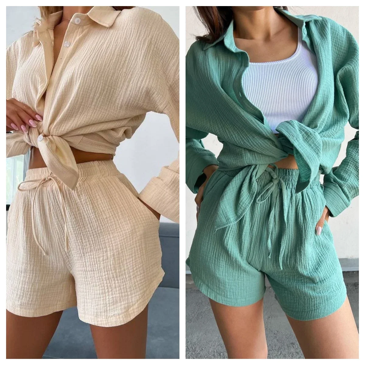 Summer Short Sets Long Sleeve Shirts And Loose Elastic Waist Mini Shorts Sets Cotton Solid Color Pleat Women\'s Two Pieces Suit