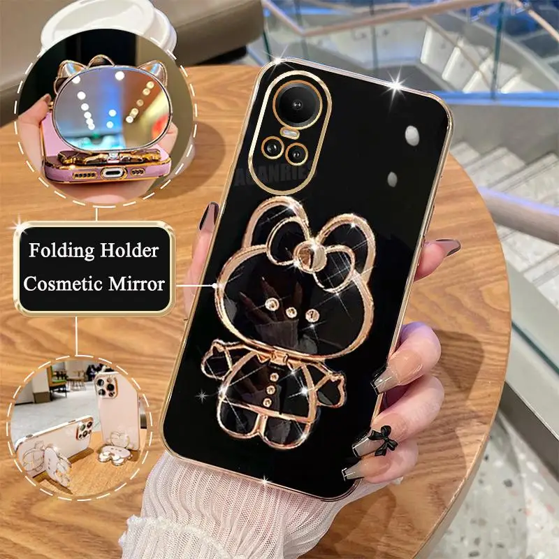 Reno10 Luxury Plating Mirror Holder Case For Oppo Reno 10 Pro 10pro Reno8 T 4g 5g 8T 6 Reno7 Lite Silicone Stand Cover Reno10pro