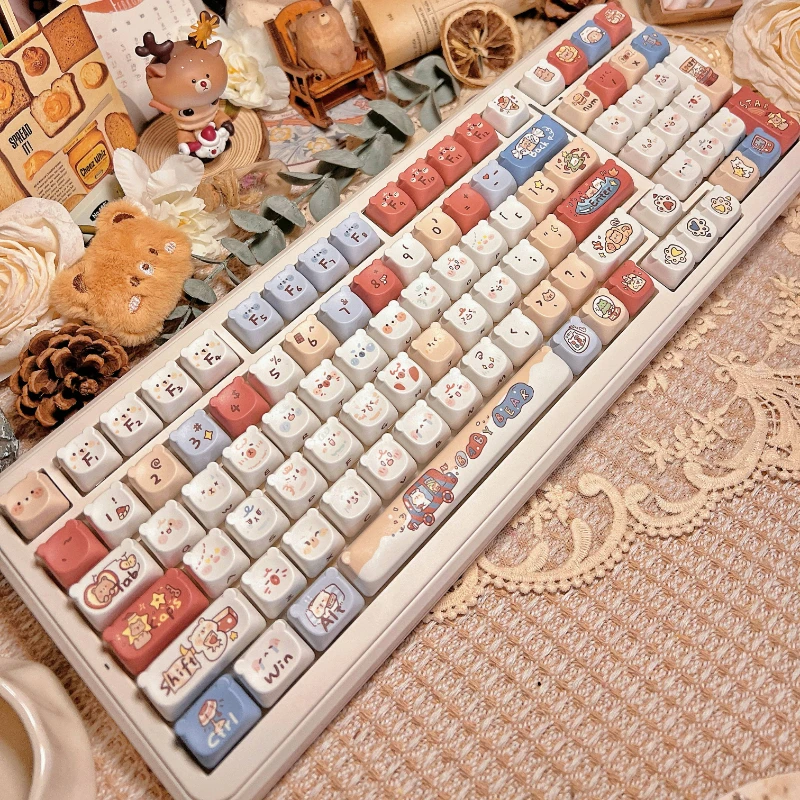 

Round Ear Bears Cute Key Caps Set 130+ Keys PBT Dye-sublimation MX Switch Rounded Ball Cap for Mechanical Keyboards Girls Gift