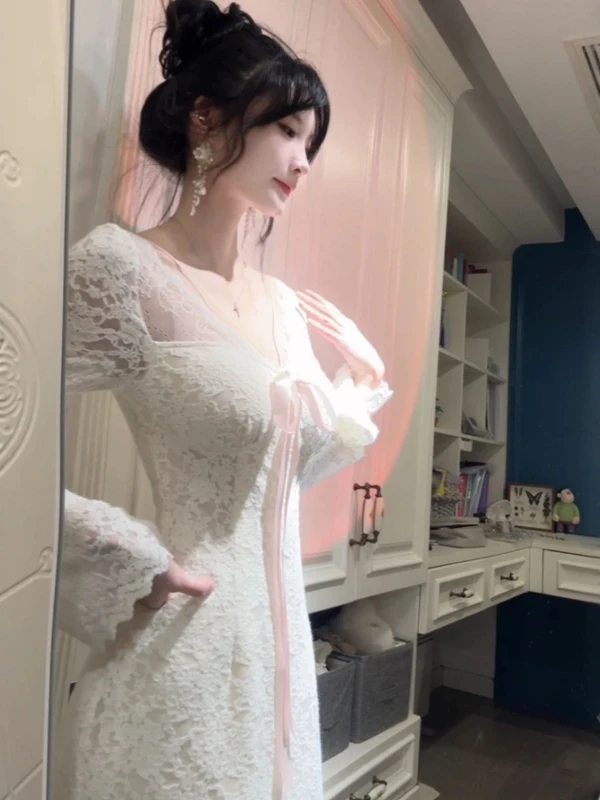 

Сексуальное кружевное облегающее длинное платье Pure Desire Sle из хлопчатобумажной ткани с высокой талией Long Sve, женское платье, подходящее для различных случаев