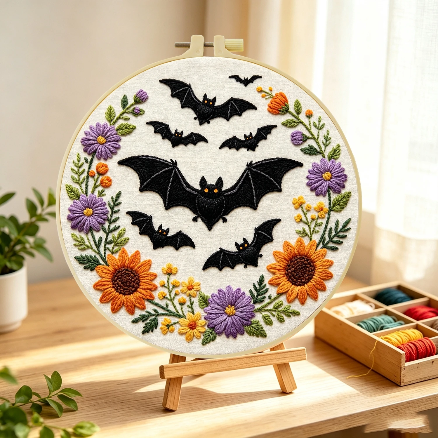 1 Set Fledermaus-Kranz DIY-Stickerei-Set für Anfänger, Stickerei-Starter-Kit, Kreuzstich-Kunstgeschenk, Nadelarbeiten – Detail 4