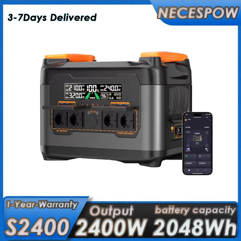 Necespow S2400 Power Bank 2400W Output 2048Wh LiFePO4 High Capacity Battery Power Station Outdoors Traveling Portable Power Station