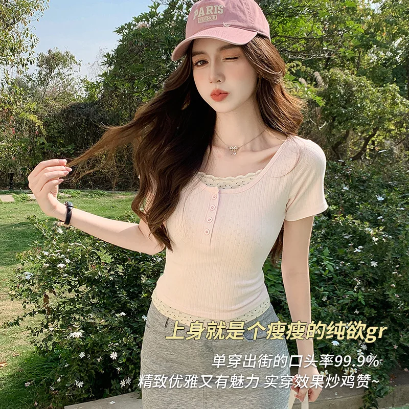 Fake two short sleeved T-shirts for women to wear in summer slim fit and slimming striped base shirt for outerwear