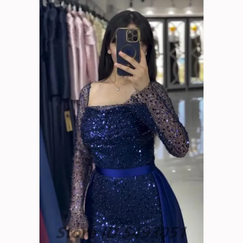 Sevintage 2025 Navy Blue Long Sleeve Sequins Removable Skirt Evening Dress Custom Made Prom Gown Wedding Party Dress Vestidos