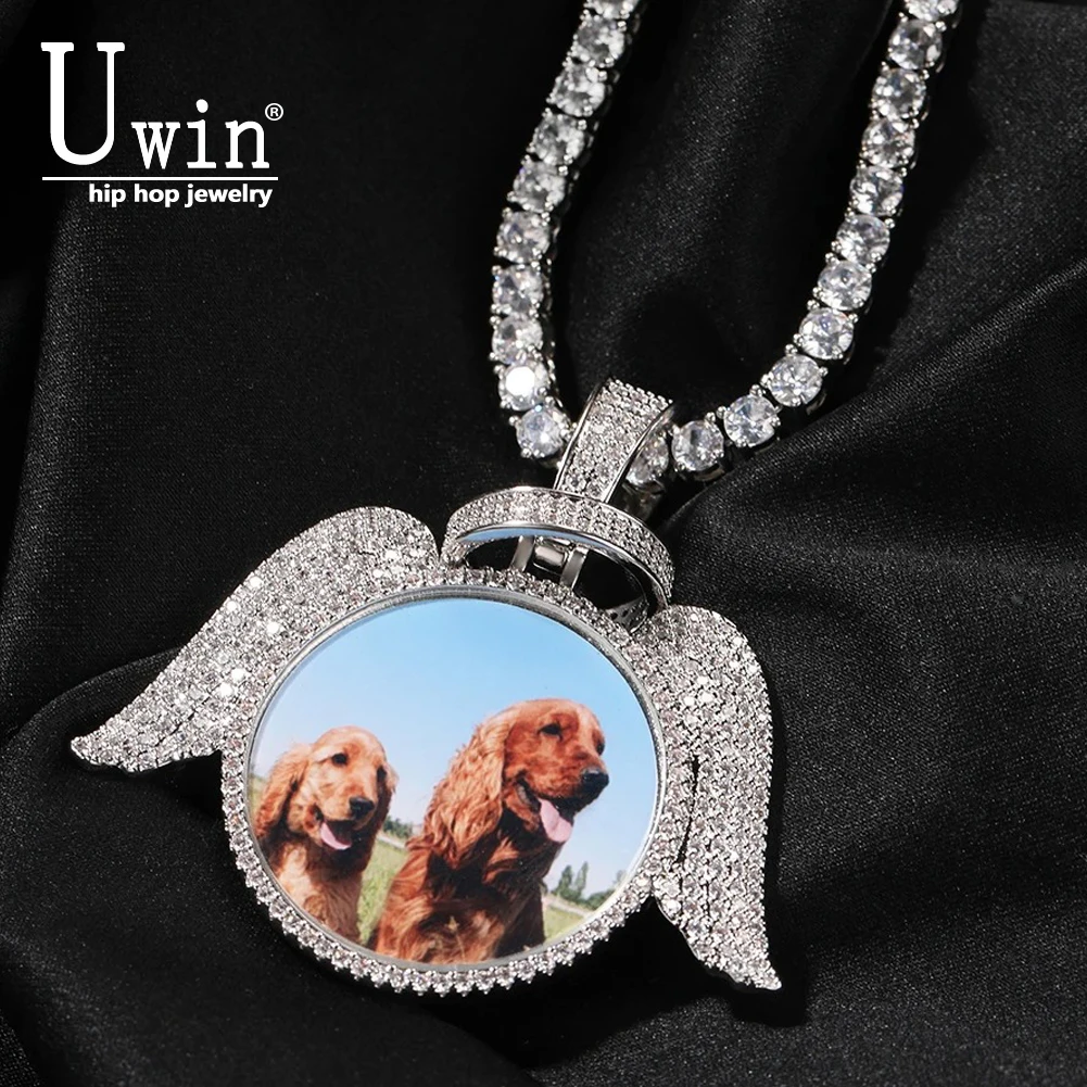 

Uwin на заказ круглые крылья ангела фото кулон ожерелье Iced Out CZ DIY сублимационные медальоны памяти хип-хоп ювелирные изделия подарок