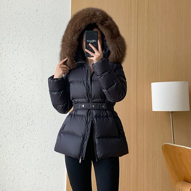 High Quality Light Luxury Women Down Jacket 2024 New Winter Warm Hooded Temperament Fox Hair Collar Slim Down Jacket Women Y242