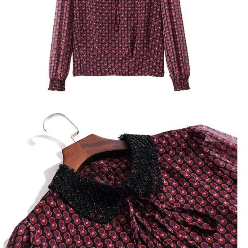 Autumn and Winter Women\'s Pullover Round Neck Loose Fit Chiffon Polka Dot Long Sleeve Underlay Fashion Elegant Commuter Tops