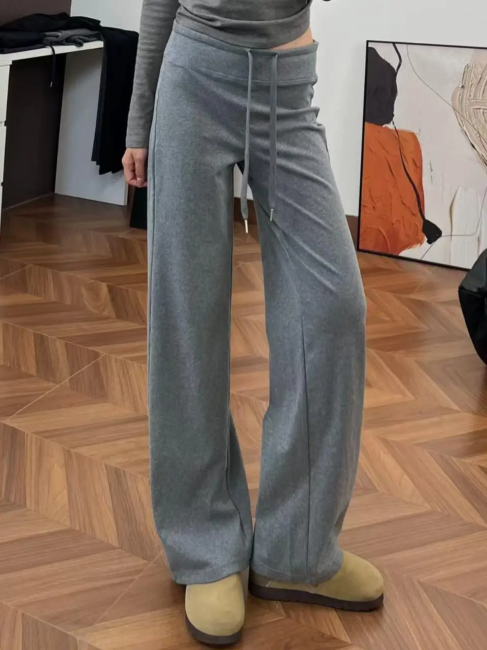 

Американские ретро-брюки из трикотажа с завязками, повседневные, с высокой талией, струящиеся, в пол, женские, осенне-зимние, новые, в стиле lazy style