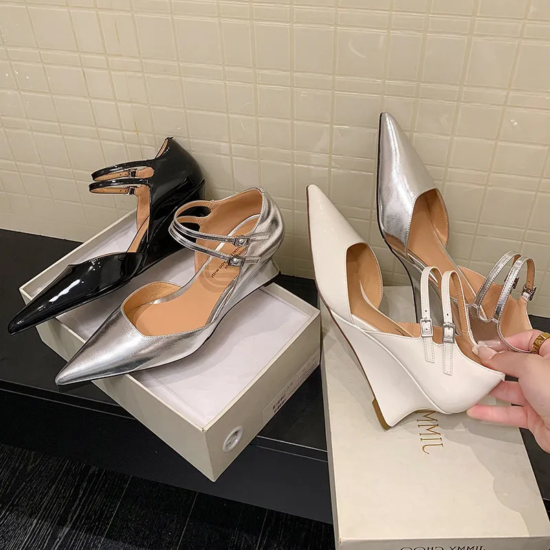 MKKHOU Fashion Pumps New High Quality Genuine Leather Pointed Shallow Mouth Slope Heel High Heels Modern Women's Shoes