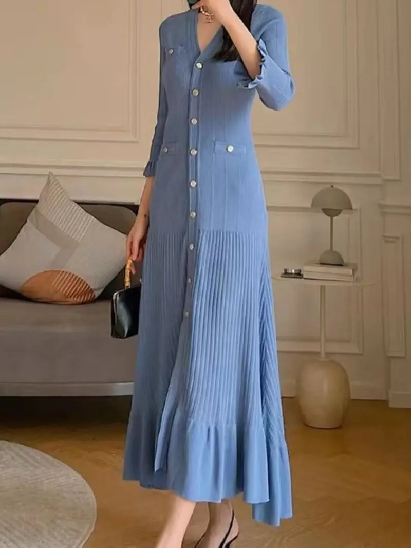 Women Blue Ruffles Knitted Dress Single Breasted V-Neck Long Sleeve Slim Summer 2024 Midi Robe