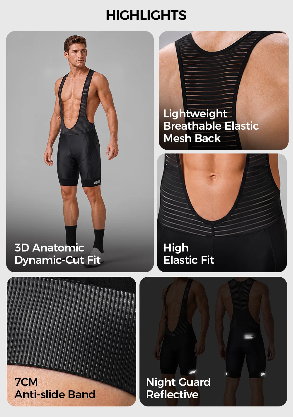 ZRSE Herren-Radhose mit Trägern, 5H-Polsterung, reflektierenden Streifen, hochelastisch, atmungsaktiver Netzstoff am Rücken, feuchtigkeitsableitend, mit Tasche, für Straßen- und Mountainbike. – Detail 3