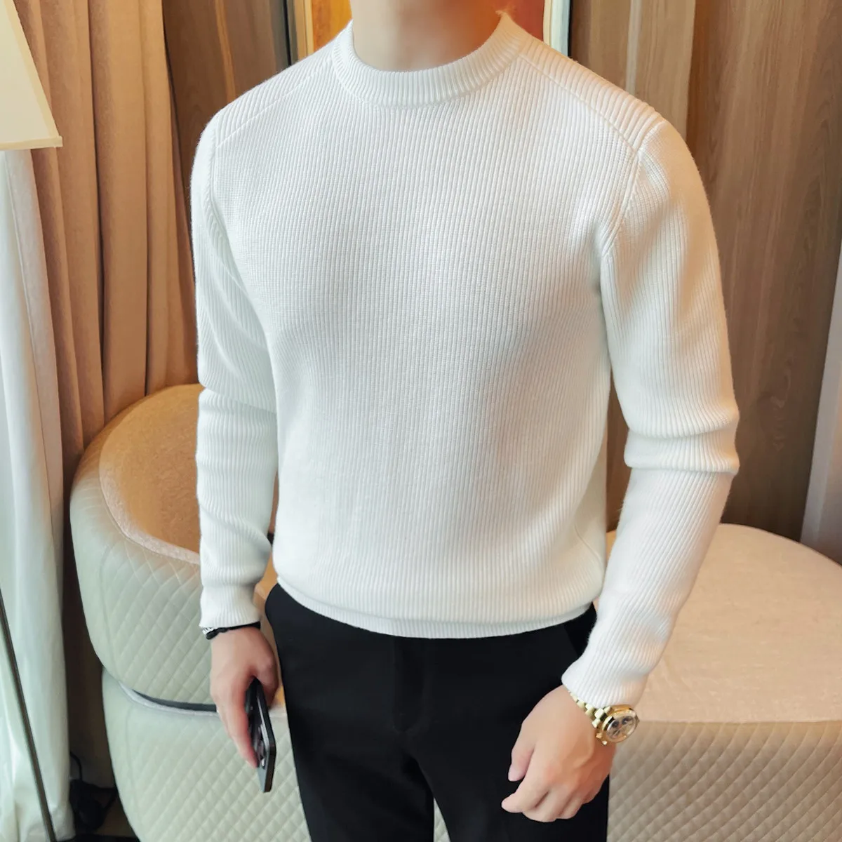 

Pull Homme, осень-зима, новый толстый свитер с длинными рукавами, мужская одежда, облегающие эластичные повседневные вязаные мужские свитера, теплый кофейный