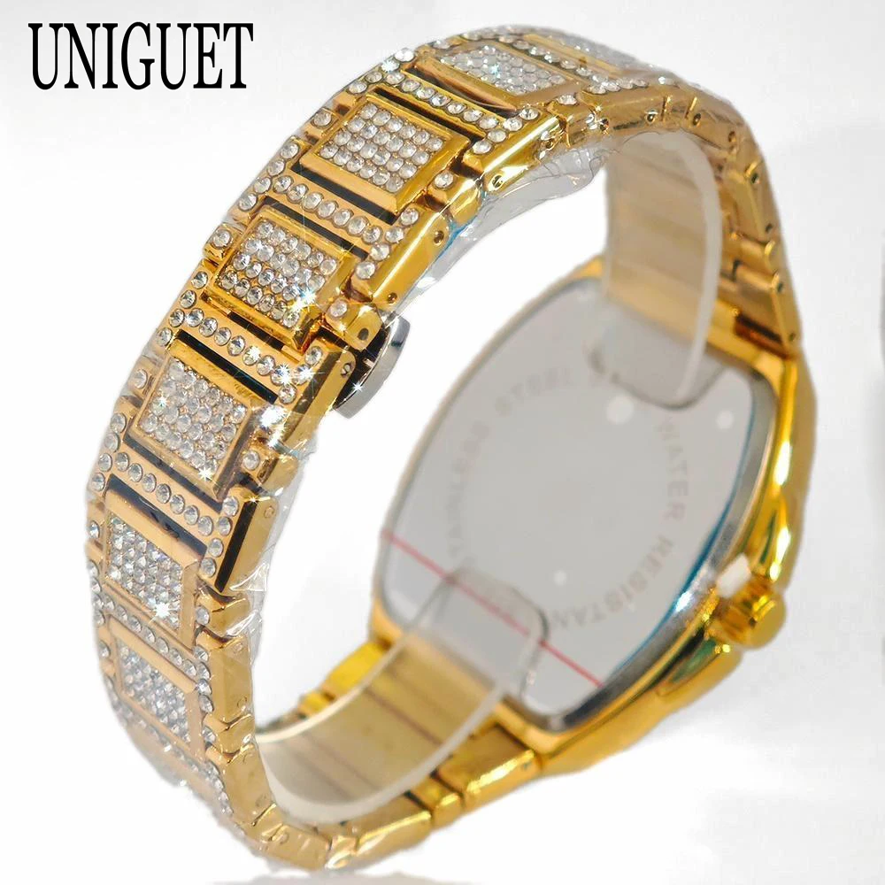 Orologi d'oro di lusso da uomo marca UNIGUET Hip Hop orologio al quarzo ghiacciato moda maschile Tonneau orologio da polso uomo Dropshipping