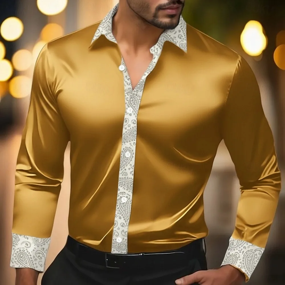 

Men's fashion novelty Paisley floral print ethnic style satin shirt casual long sleeved retro vacation daily long sleeved shirt