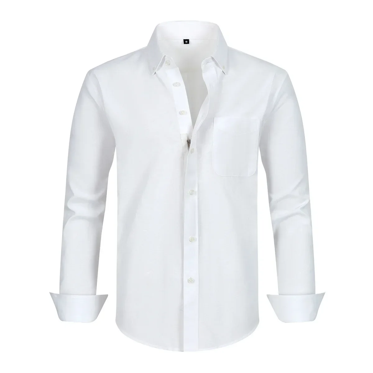 

New Zipper Men's Oxford Spinning Shirt Men's Fake Button Up Long-sleeved Fashion Casual Versatile Solid Color Shirt Men Clothing