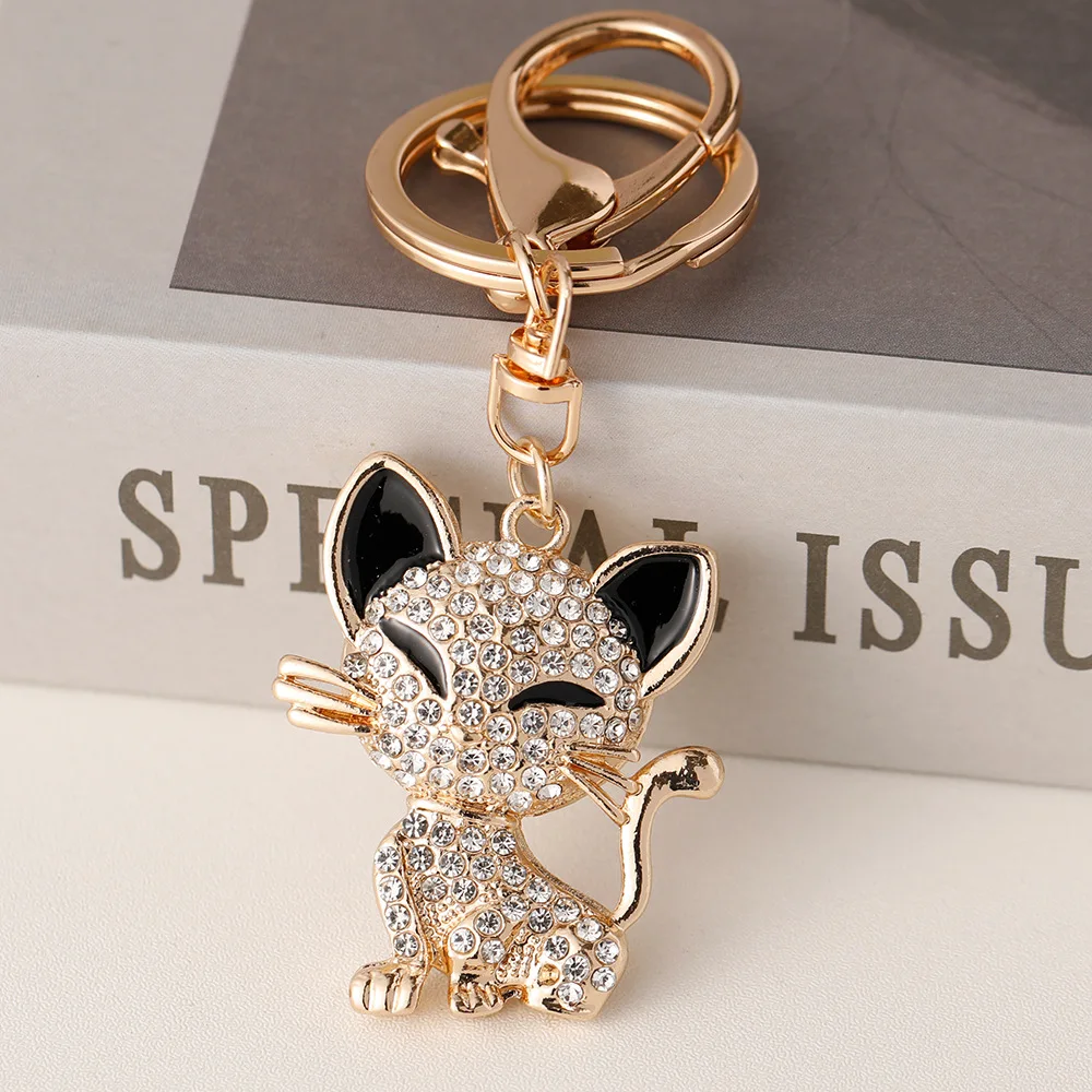 Cute Rhinestone Cat Keychains Creative Animal Key Chain Car Keyrings Accessories Women's Bag Charm Pendant Girls Boy's Key Ring