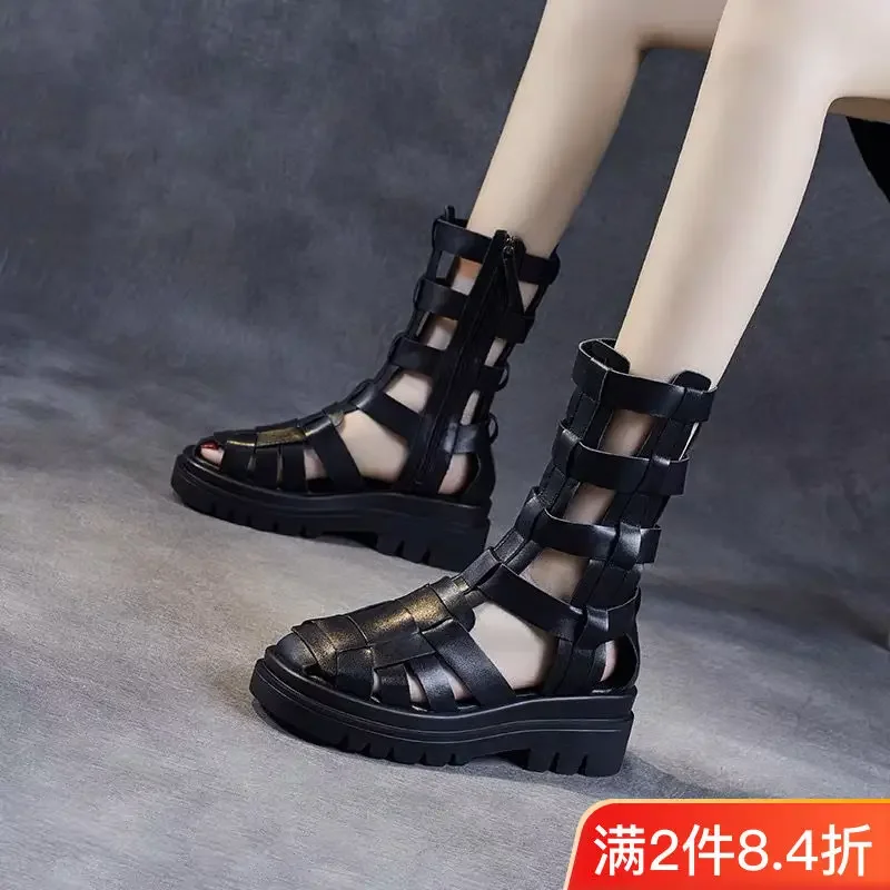 

First Layer Cowhide Thick Sole 2025 Genuine Leather Summer Bag Head Tide Boots High Tube Fashion Height Increase Women's Sandals
