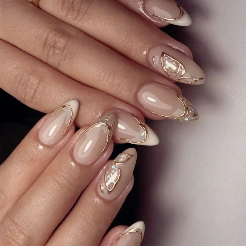 

Butterfly Square Fake Nails Art Glitter Sequins Almond False Nails Metal Lines Moon Star Sun Heart French Pointed Press on Nails