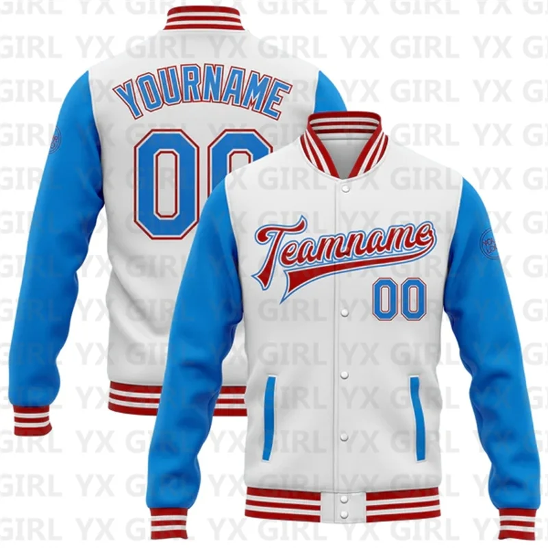 

Custom White Electric Blue-Red Bomber Full-Snap Varsity Letterman Two Tone Jacket 3D Baseball Button Jacket