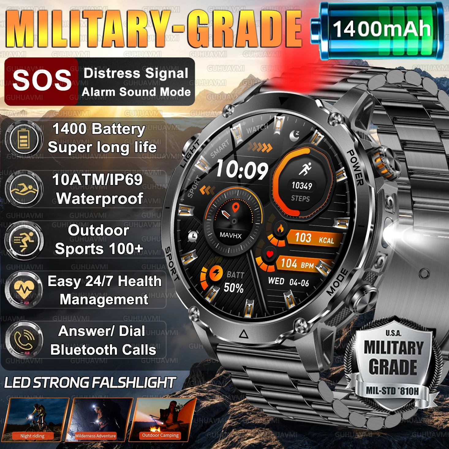2026 새로운 군용 TANK 스마트워치 블루투스 통화 10ATM 방수 1400mAh 배터리 심박수 모니터링 야외 스포츠 시계